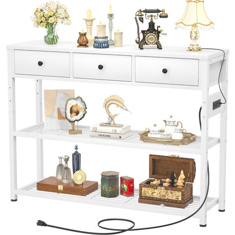 Ecoprsio 47'' Entryway Table with Outlets and USB Ports, Console Table with 3 Drawers, Sofa Table Narrow Long with Storage Shelves for Living Room, Couch, Hallway, Foyer, Kitchen Counter, White Ecoprsio