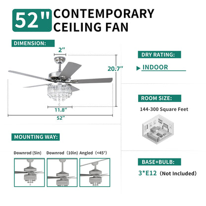 YITAHOME Chandelier Ceiling Fan with Remote, 52 Inch Crystal Fan Light, Indoor Fan Ceiling with 3 Speed, Silent Reversible Motor, Dual-Sided Blades, Timer, Balance Kit - Chrome