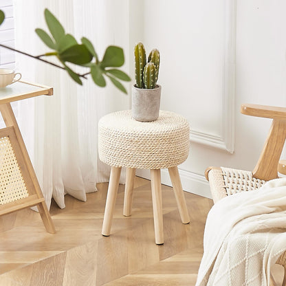 Cpintltr Footstool Ottoman Round Natural Seagrass Foot Stool Pouf Ottomans with Solid Wood Legs Hand Weave Footrest Step Stool for Living Room Bedroom Balcony Garden Natural