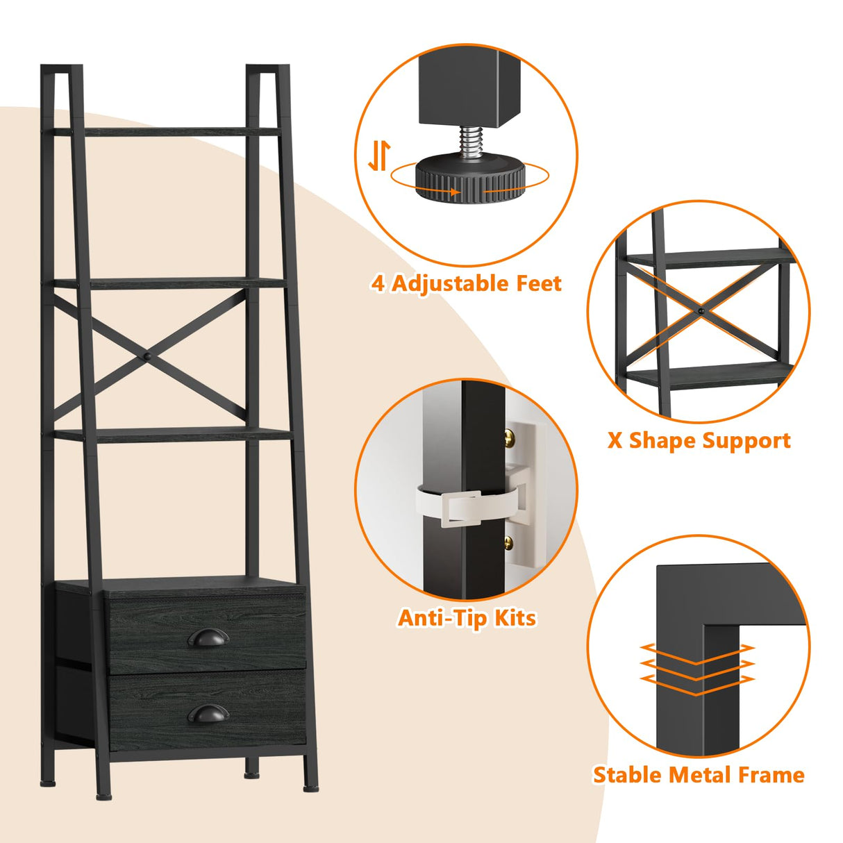 Furologee 4-Tier Ladder Shelf,Small Bookshelf with 2 Drawers,Vertical Bookcase Storage Rack Organizer,Display Bookshelves for Living Room,Bedroom,Bathroom,Home Office,Kitchen,Rustic Brown,Black Oak Furologee