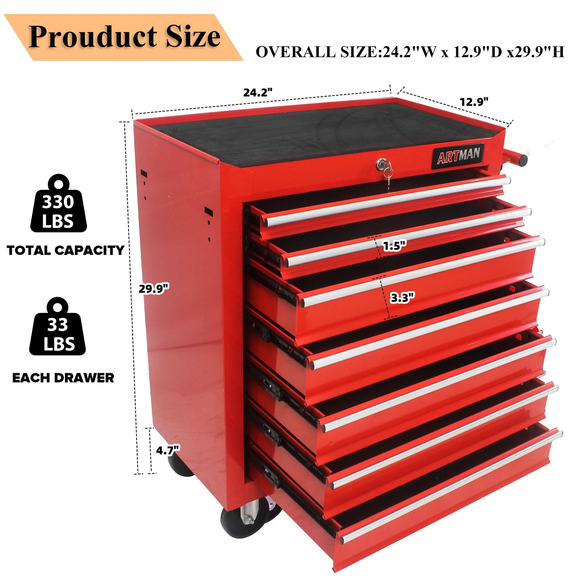 lunhung 7-Drawer Metal Rolling Tool Chest with Wheels,Tool Storage Cabinet With Locking System,Multifunctional Tool Cart with Wheels for Garage, Warehouse, Workshop, Repair Shop (Red) - WoodArtSupply