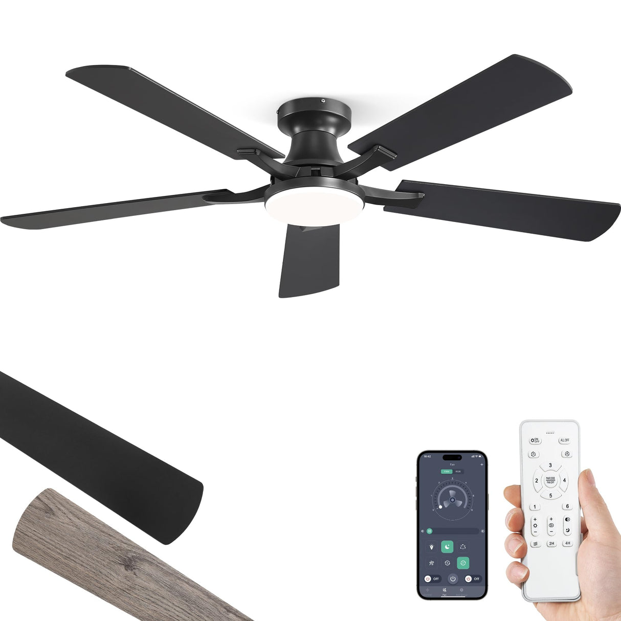 ZMISHIBO 52 Inch Ceiling Fan with Light, App&Remote Control, Flush Mount Low Profile, Dimmable 20W LED Light, Quiet Reversible Motor for Bedroom, Living Room, Apartment, Black ZMISHIBO