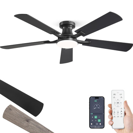 ZMISHIBO 52 Inch Ceiling Fan with Light, App&Remote Control, Flush Mount Low Profile, Dimmable 20W LED Light, Quiet Reversible Motor for Bedroom, Living Room, Apartment, Black ZMISHIBO