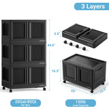 BROVIEW 240Qt Stackable Storage Bins with Lids, 60Gal Plastic Collapsible Storage Bins with Doors and Wheels, Closet Organizers and Storage, Black Folding Storage Cabinet for Home Garage, 3 Pack Cube BROVIEW