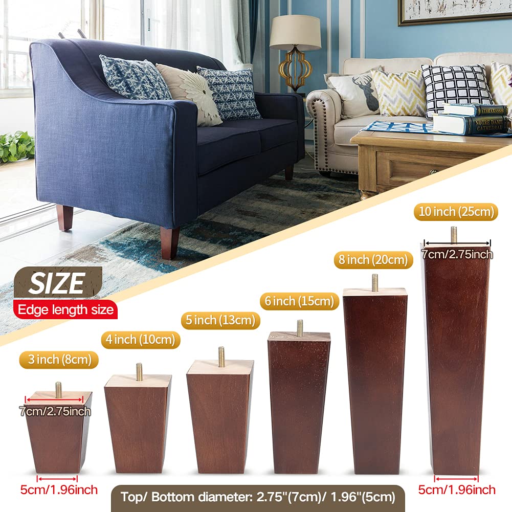 8 Inch Wood Furniture Legs, Wooden Couch Sofa Leg Feet Set of 4, Mid-Century Modern Walnut Square Replacement Legs for Sectional Nightstand Armchair Recliner Table Dresser Sideboard CtopoGo