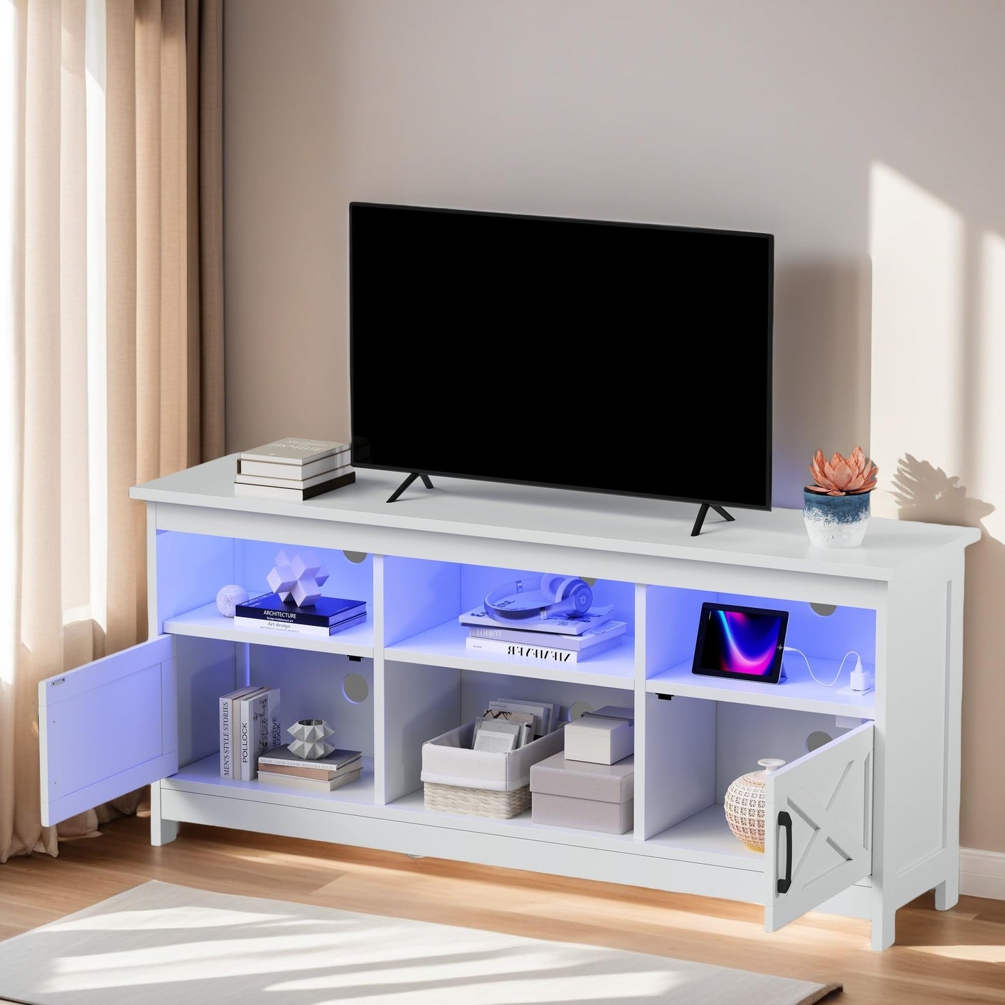 DWVO Farmhouse TV Stand for 65 Inch TV, Entertainment Centre with Power Outlet and LED Light, TV Console for Living Room, Media Console Television Stands, 59" White