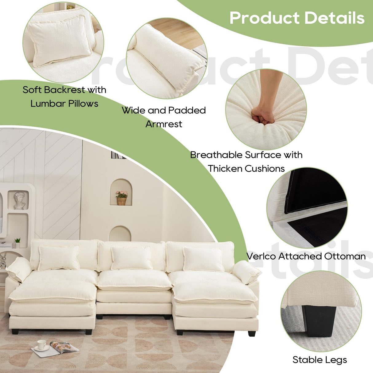 Oprisen Modular Sectional Sofa, Comfy Cloud Couch Sectional Sofa with Ottoman, Chenille Sofa Sleeper Deep Seat Sofa with Throw Pillows for Living Room (Beige White, 120"- U Shape) Oprisen