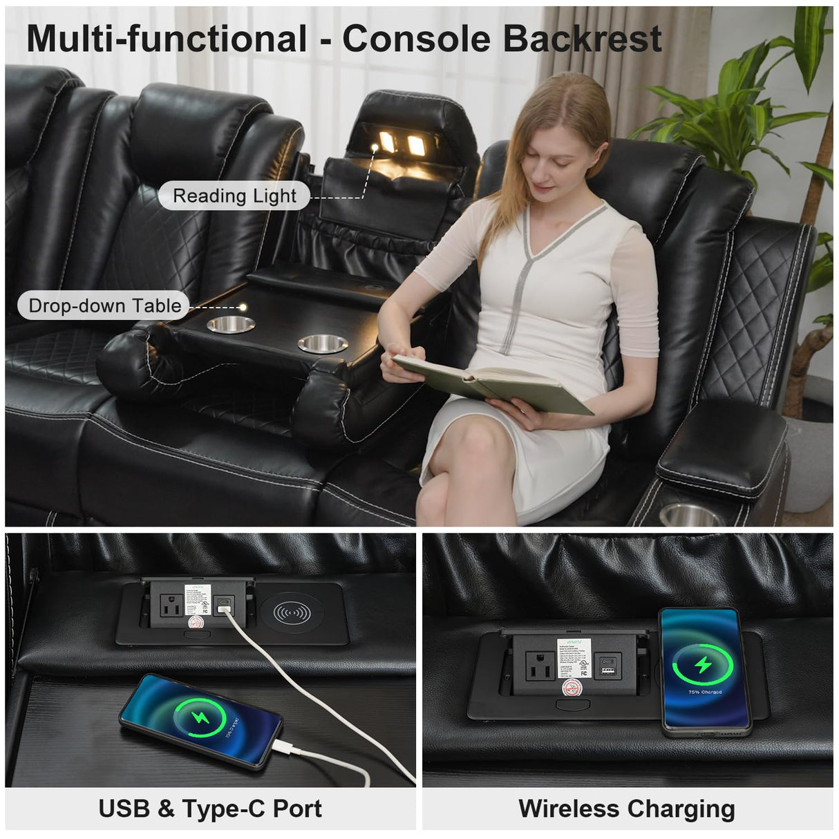 Power Recliner Sectional Sofa with Bass Speaker,Wireless Charger,Electric Reclining Sectional Sofa with 2 Faux Leather Recliner,LED Strip,Reading Light,Type-C USB Port,Cup Holder,Storage Console Black Comfort Stretch