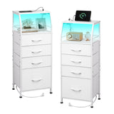 WLIVE Night Stand Set of 2 with Charger Station, White Nightstand Sets with LED Light and 4 Storage Drawers, Tall Dressers for Bedroom, Bedside Table Set with Fabric Bins, Wood Shelf, Metal Frame WLIVE