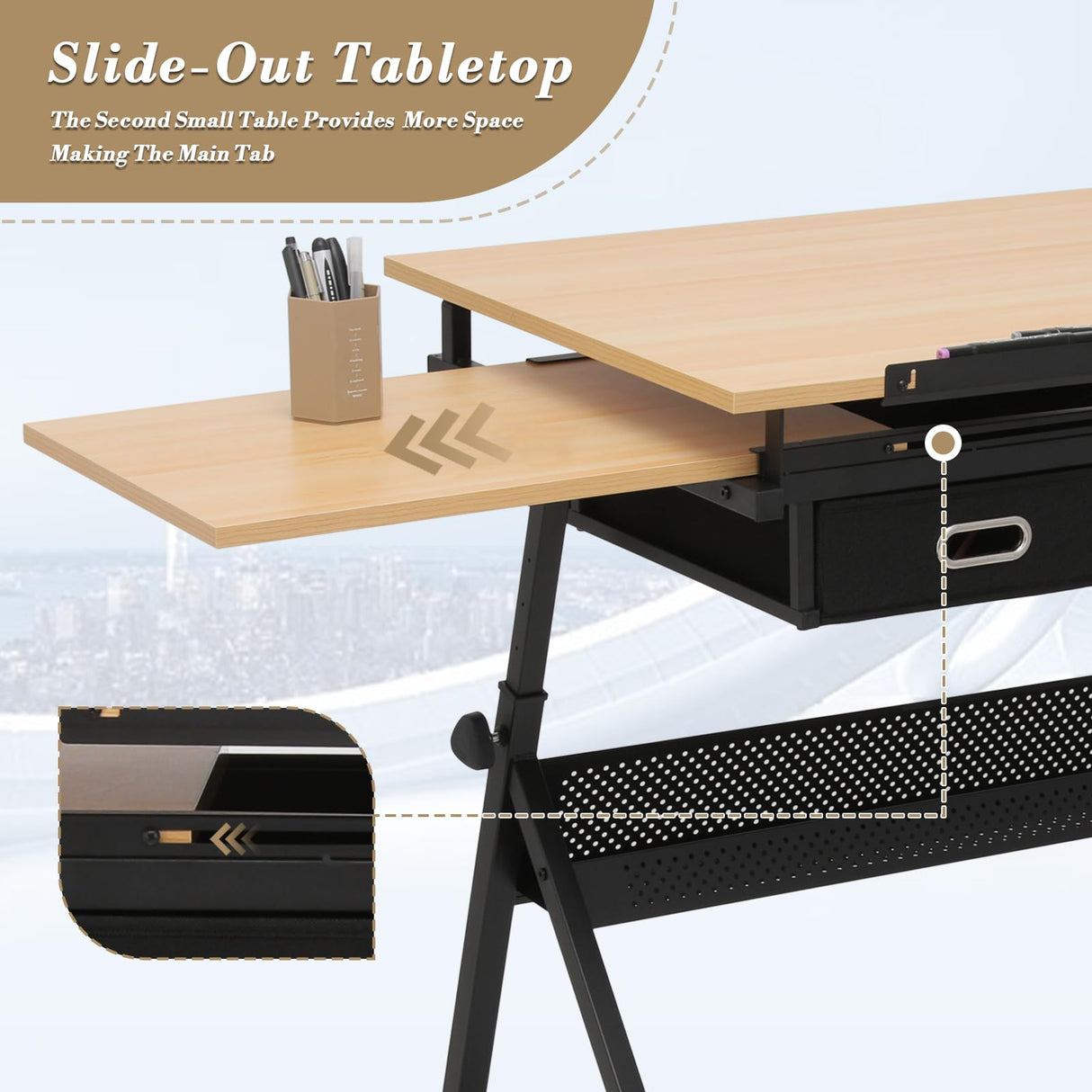 Athena Collection Drafting Table for Artists, Height Adjustable Drawing Table, Dual Desktop Art Desk Metal Frame Art Table Tiltable Craft Desk Paintings Work Station with Stool and Drawers, Natural Athena Collection