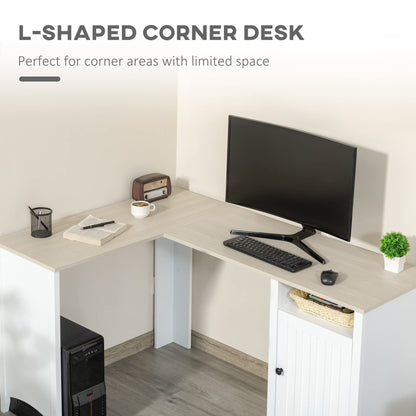 HOMCOM L-Shaped Computer Desk with Open Shelf and Storage Cabinet, Corner Writing Desk with Adjustable Shelf, White - WoodArtSupply