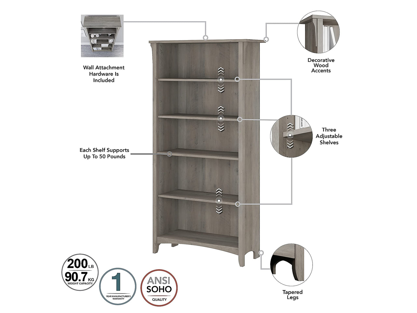 Bush Business Furniture Salinas 60W L-Shaped Desk Set with Hutch, File Cabinet & Bookcase in Driftwood Gray - WoodArtSupply