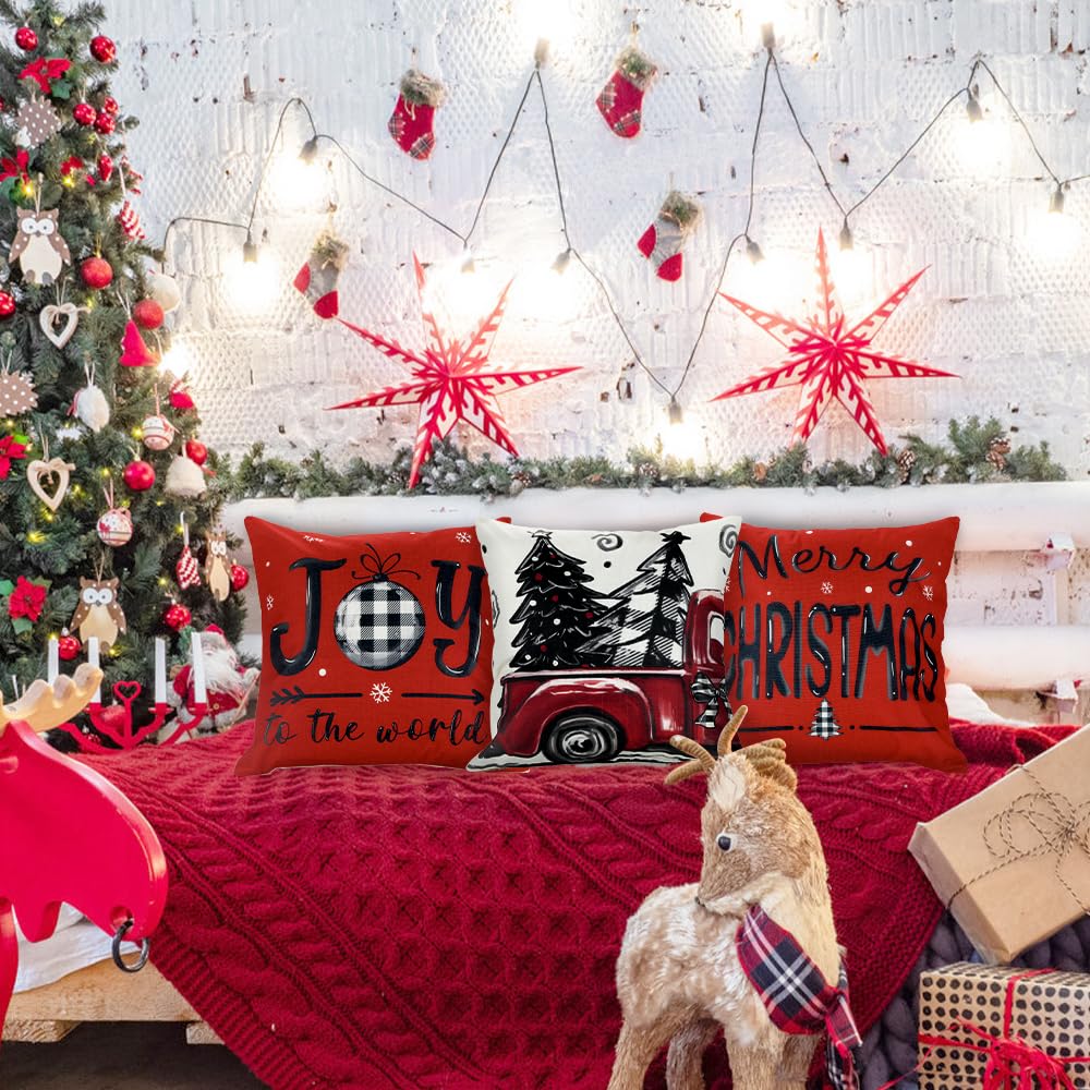 DIYDEC 4pcs Christmas Pillow Covers 18x18 Inch Red Pillow Covers Xmas Decorations Buffalo Tree Truck Merry Christmas Pillows Winter Holiday Farmhouse Seasonal Throw Case Decor for Sofa Couch DIYDEC