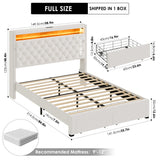 HIFIT Full Bed Frame with 2-Tier Storage Headboard & Hidden Storage, Velvet Upholstered Platform Bed Frame with 2 Drawers, Full Bed with Nailhead Headboard Built-in Charging Station & LED, Beige HIFIT