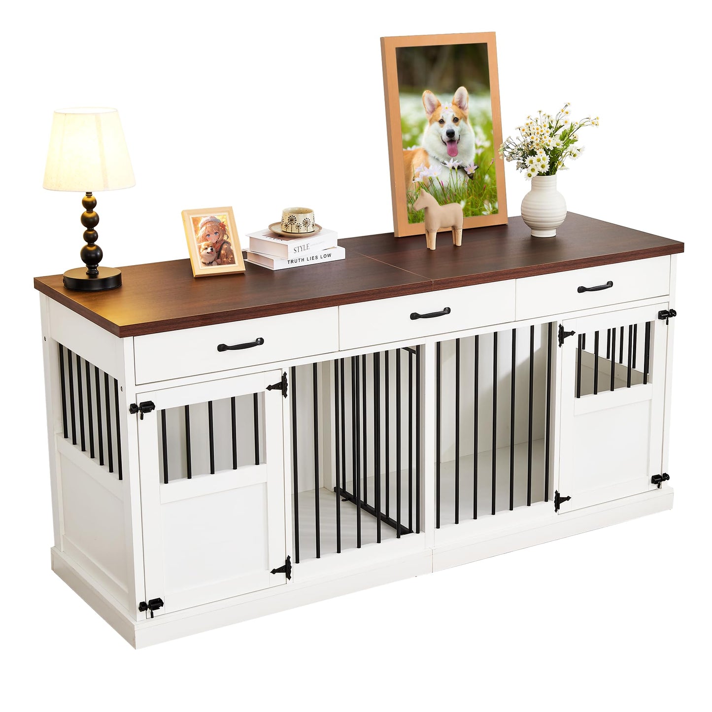 70.9 inches Dog Crate Furniture for 2 Dogs Double Dog Crate Wooden Heavy Duty Dog Kennel Furniture TV Stand with 3 Drawers for Large Medium Dogs White