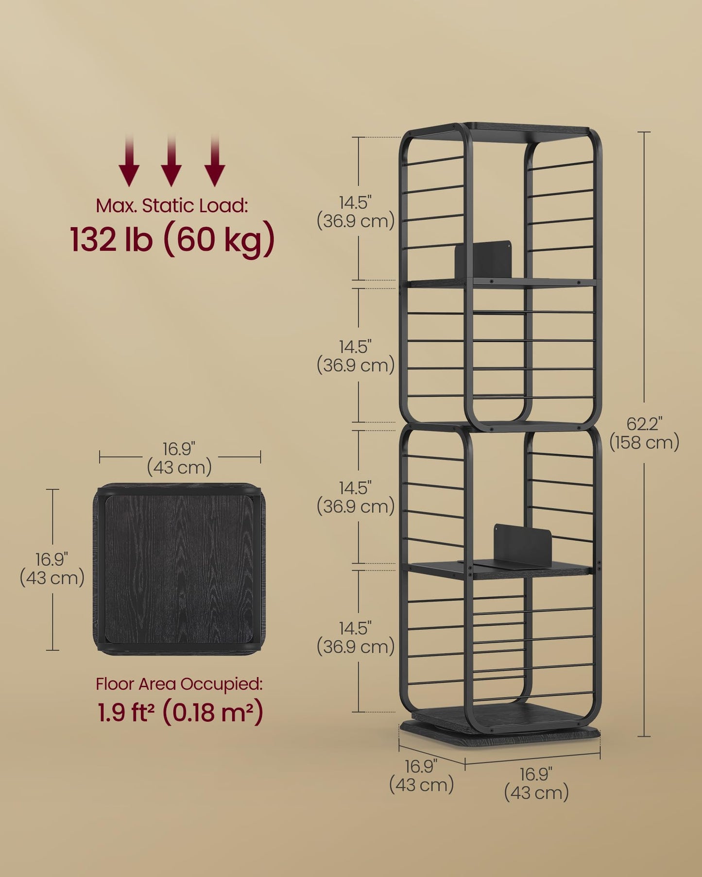 VASAGLE 4-Tier Corner Rotating Bookshelf with Bookends in Black - WoodArtSupply