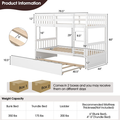 KOMFOTT Wood Twin Over Twin Bunk Bed with Trundle, Solid Pine Wood Bunk Bed Frame with Ladder & Safety Guardrails, Space-Saving Convertible Bunk Bed for Home & Dormitory, No Box Spring Needed KOMFOTT