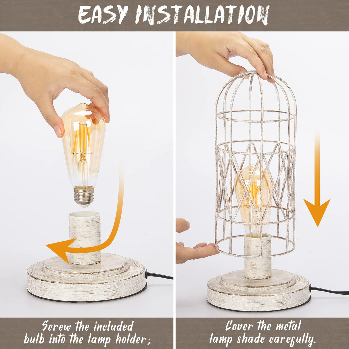 Small Table Lamp, Touch Control Table Lamp with Brushed White Oak Cage, Farmhouse Bedside Lamp 3-Way Dimmable Nightstand Lamp Edison Lamp for Bedroom, Living Room, Hallway, Kitchen, LED Bulb Included Seaside village