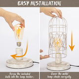 Small Table Lamp, Touch Control Table Lamp with Brushed White Oak Cage, Farmhouse Bedside Lamp 3-Way Dimmable Nightstand Lamp Edison Lamp for Bedroom, Living Room, Hallway, Kitchen, LED Bulb Included Seaside village
