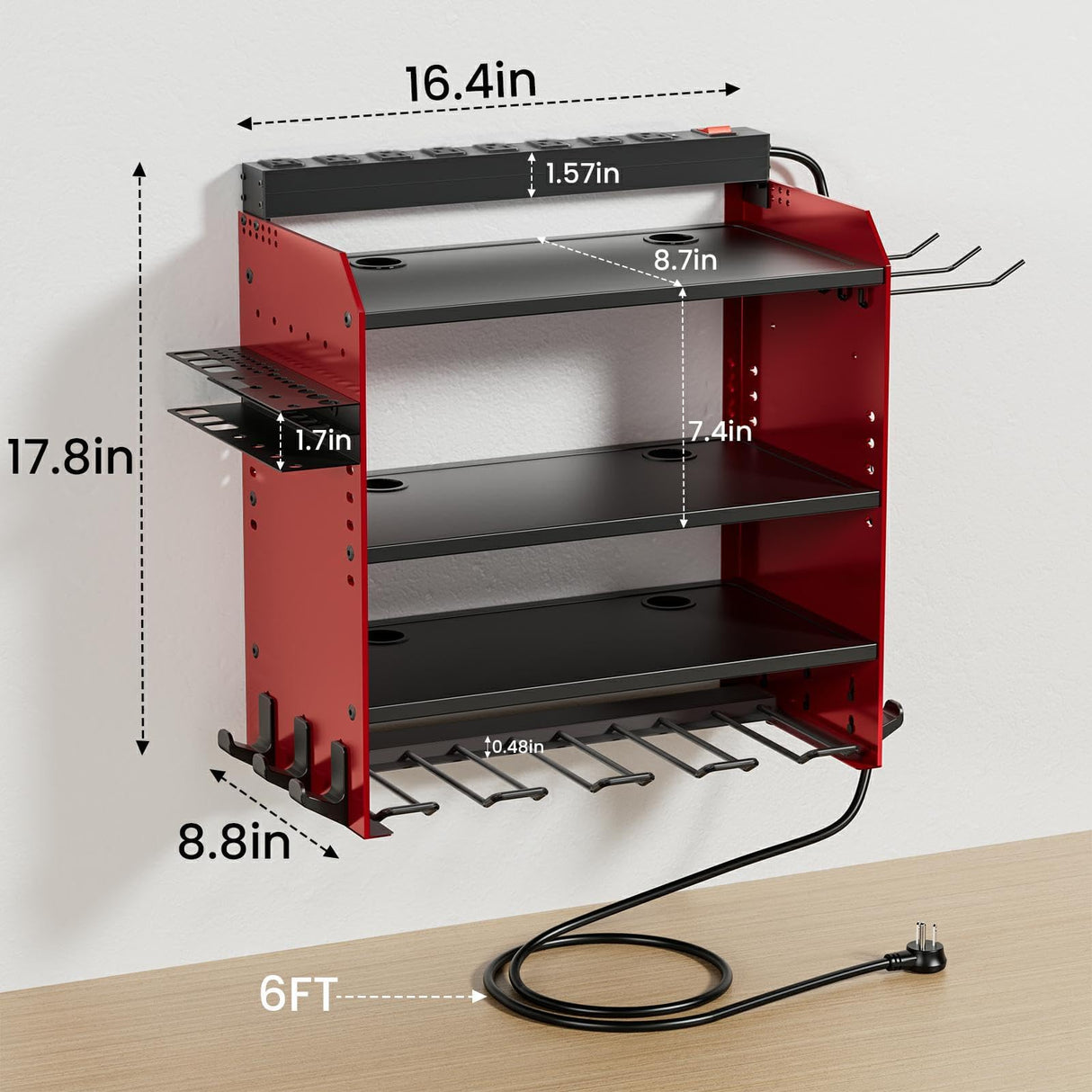 Power Tool Organizer Wall Mount with Charging Station, Garage 4 Drill Storage Shelf with Cordless Tool Holder, Heavy Duty Rack with 8 Outlet Power Strips and Hooks, Gift for Men, Husband (4 Layer) OKCHILD