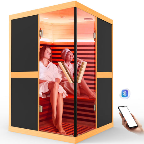 OUTEXER 2 Person Sauna Infrared Saunas APP Control 7 Color Light 1980W Wooden Home Spa Room Canadian Hemlock Wood Low-EMF Indoor Saunas 47.2 * 47.2 * 75.6inch OUTEXER
