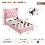 Twin LED Velvet Bed Frame with 2 Storage Drawers&Hidden Headboard, Upholstered Platform Bed with Charging Station&Button Tufted Design, Wooden Slats Support, Box Spring Optional, Easy Assembly, Pink Jocoevol