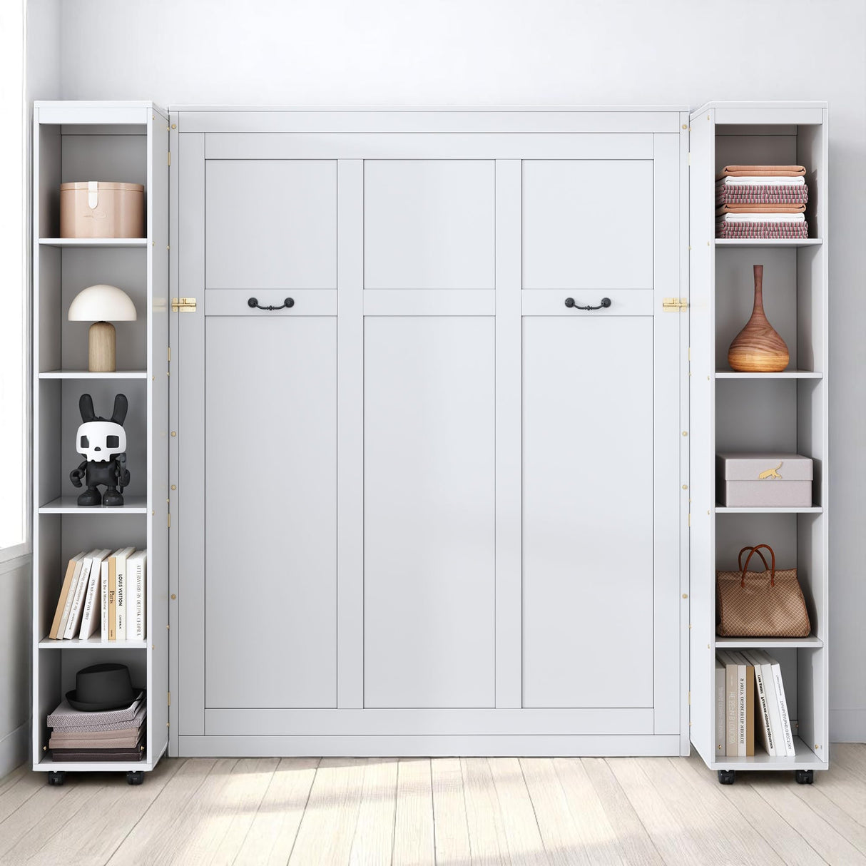 Foldable Hidden Queen Murphy Bed Cabinet with Storage Bookshelf Bookcase, Wood White Murphy Wall Bed with Storage Shelves for Adults (White) MERITLINE