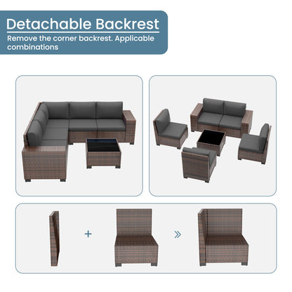 Amopatio Outdoor Sectional Furniture Set 6-Piece Brown Rattan Wicker Conversation Sofa Set with Glass Top Table and Waterproof Covers,Grey Cushions - WoodArtSupply