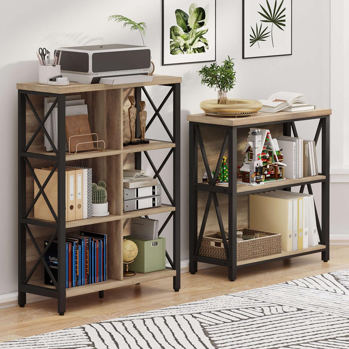 FATORRI Rustic 6 Cube Storage Organizer Shelf, Wood and Metal Cubby Bookcase, Industrial 4 Tier Cube Bookshelf (Rustic Oak) FATORRI