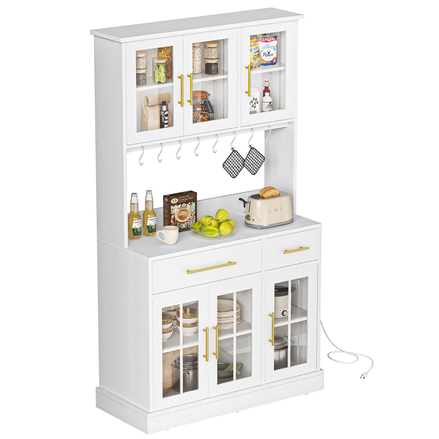 DWVO Kitchen Pantry Storage Cabinet with Microwave Stand, 71'' Tall Kitchen Hutch Cabinet with Power Outlet, Modern Food Pantry Cabinet with Drawers ＆ Shelves for Home, White - WoodArtSupply