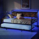 VINGLI Daybed with Trundle Twin, Metal Daybed Frame with Pop-up Trundle Bed and Charging Station,Day Bed with Wooden Storage Headboard & LED Lights, for Kids Room, Living Room, Bedroom, Brown VINGLI