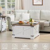 Joaxswe Farmhouse Coffee Table with Large Hidden Storage Compartment, Antique White Square Center Table, Wood Rustic Low Modern Living Room Tables with Hinged Lift Brown Top & Wooden Arc Base Joaxswe