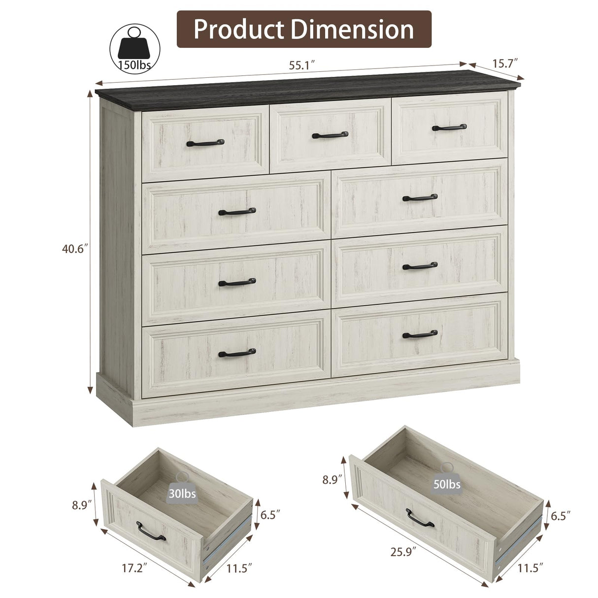 Farmhouse 9 Drawer Dresser for Bedroom, 55 Inch Wide Modern White Dresser TV Stand with Large Drawers & Bar Handles, Rustic Wood Chest of Drawers for Bedroom, Living Room, Hallway, Entryway. CARPETNAL
