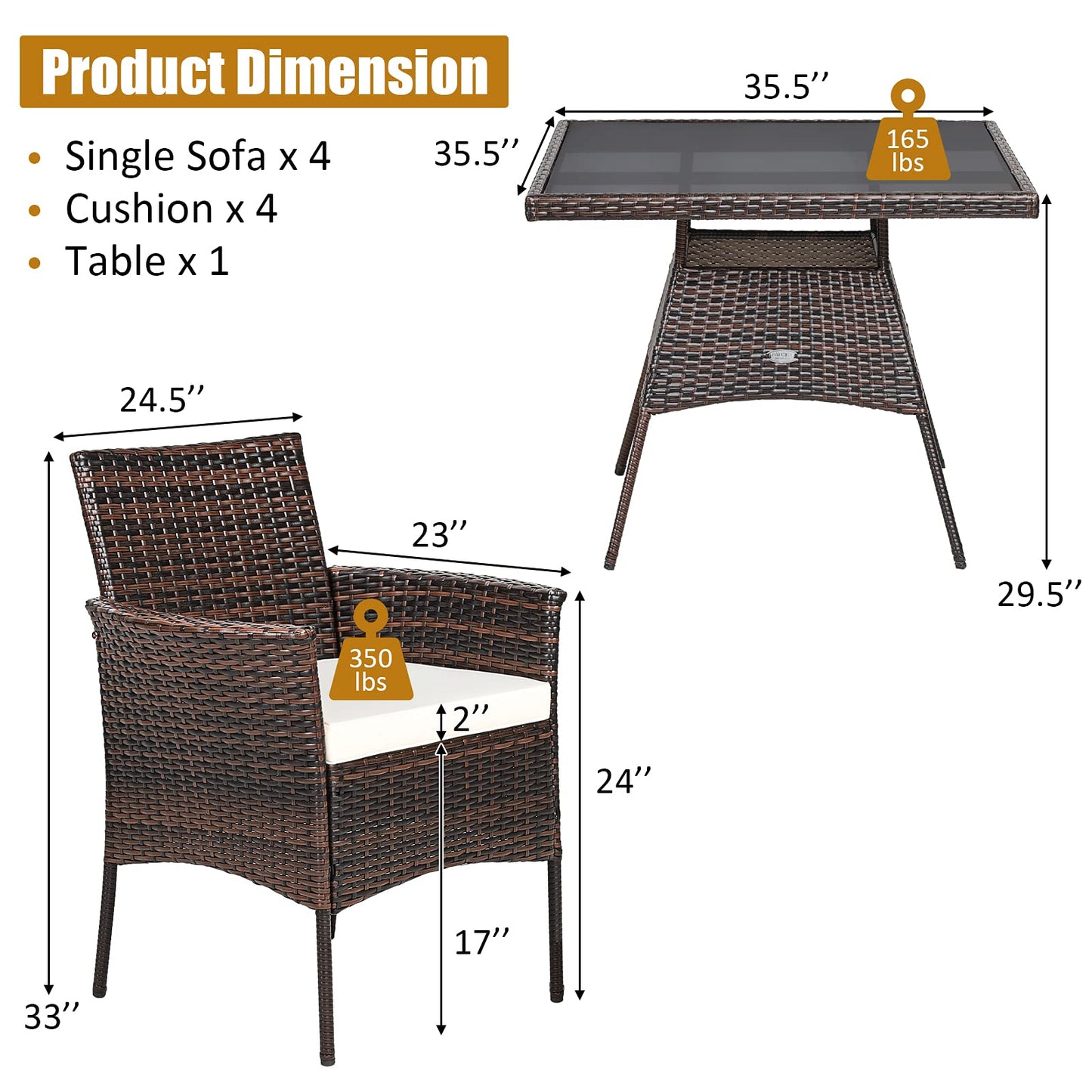 Tangkula 5 Pieces Wicker Patio Dining Set, Outdoor PE Rattan Chairs Table Set with 4 Seat Cushions, Patio Dining Furniture with Tempered Glass Tabletop, Suitable for Porch, Yard - WoodArtSupply