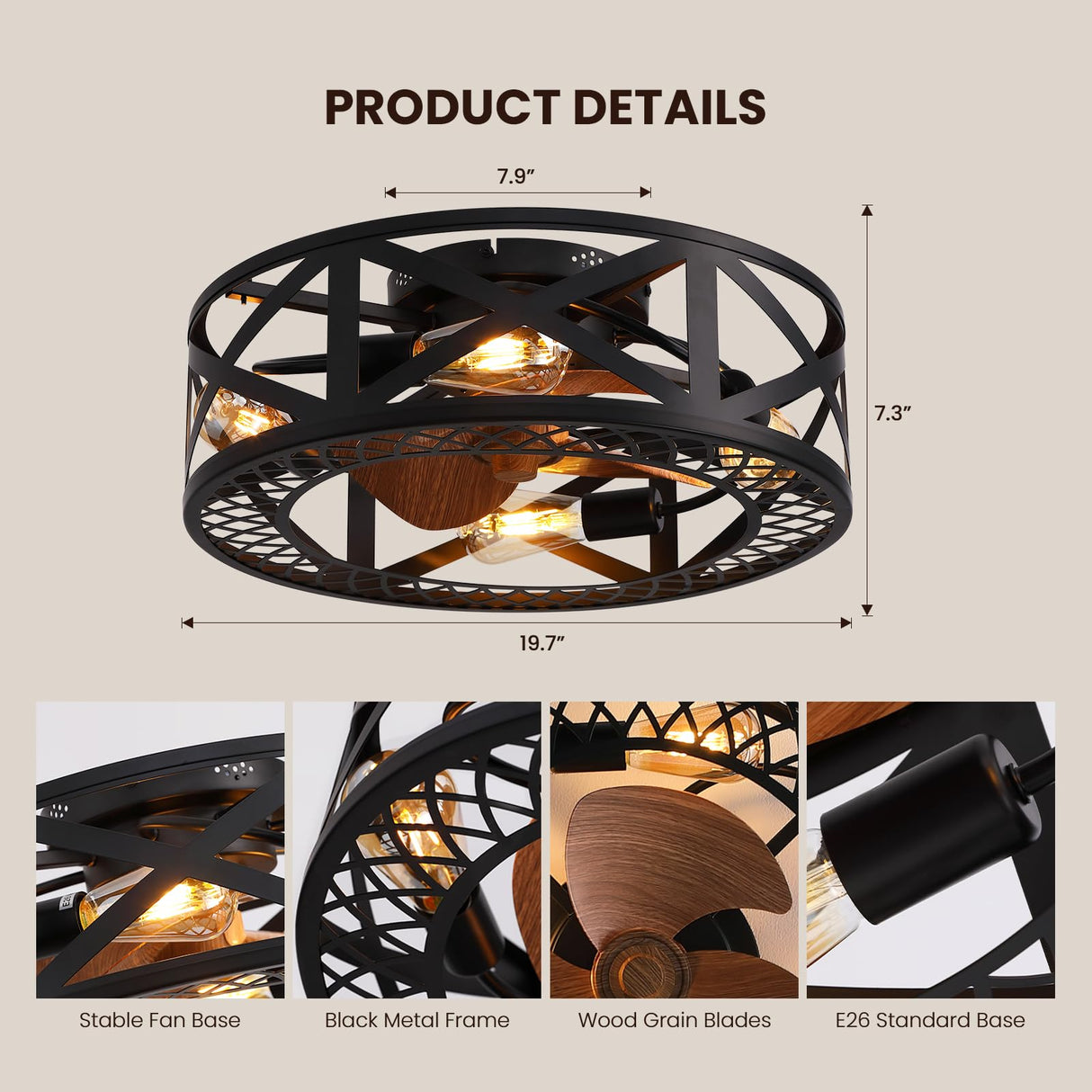 MOOONICHE 20" Caged Ceiling Fans with Lights, Modern Dimmable Flush Mount Ceiling Fan with Lights Remote, Black Low Profile Ceiling Fan for Bedroom, Kitchen,6 Speed Reversible MOOONICHE