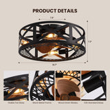 MOOONICHE 20" Caged Ceiling Fans with Lights, Modern Dimmable Flush Mount Ceiling Fan with Lights Remote, Black Low Profile Ceiling Fan for Bedroom, Kitchen,6 Speed Reversible MOOONICHE