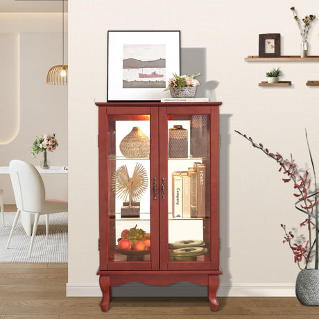 Firscook Curio Cabinet With Lighted Tall Leg Glass Door, Antique Display With Mirrored Back Panel, Vintage Lighted Accent Corner China for Living Room (Cherry) Firscook