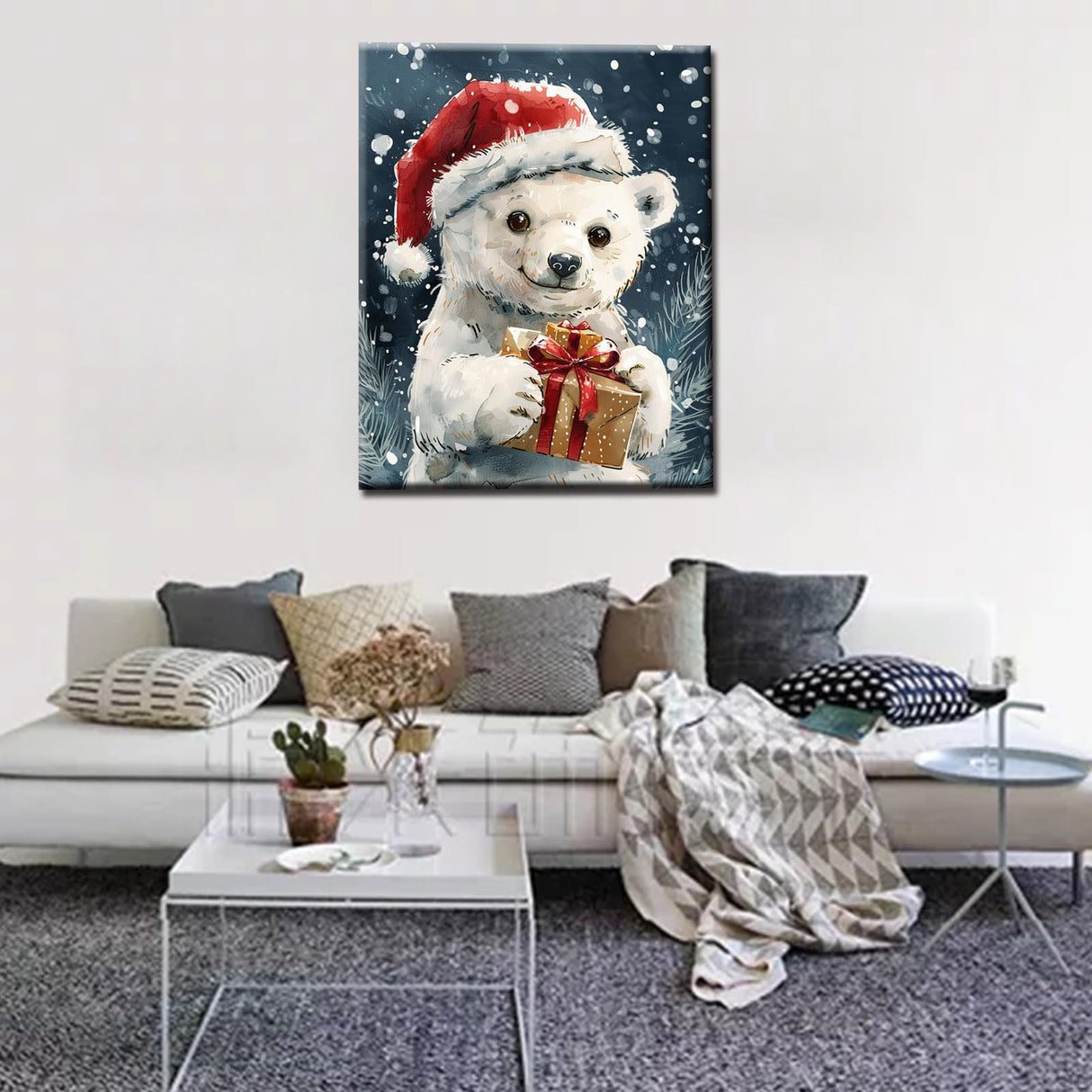 Tucocoo Cute Polar Bear Paint by Numbers Kit for Adult Christmas Animals DIY Canvas Paint by Numbers Red Santa Hat Acrylic Painting Home Decor Paint by Numbers Kits 16x20Inch Frameless Tucocoo