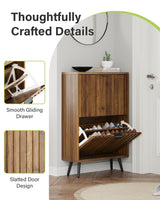 Smart FENDEE Shoe Cabinet, Slim Fluted Shoe Cabinet Storage for Entryway, Walnut Hidden Shoe Cabinet with Metal Legs and Flip Doors Smart FENDEE