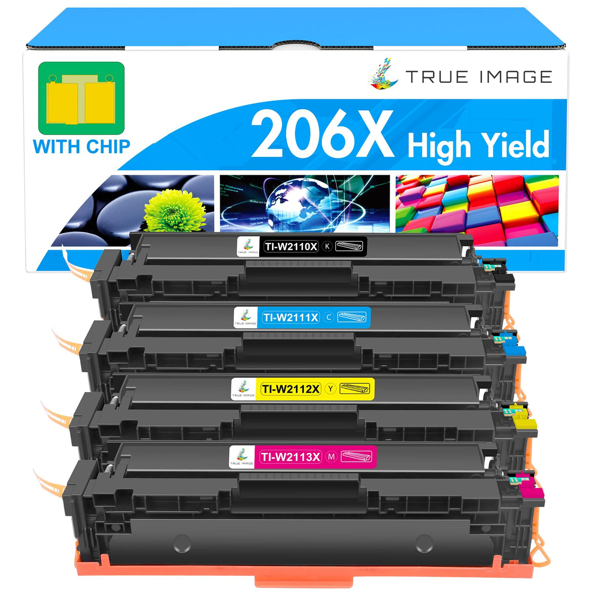 206X Toner Cartridges 4 Pack High Yield: MFP M283cdw M255dw M283fdw 206A Set Compatible Replacement for HP 206X for HP Color Laserjet Pro MFP M283fdw M283cdw M283 Printer Ink (with Chip -B/C/Y/M) TRUE IMAGE