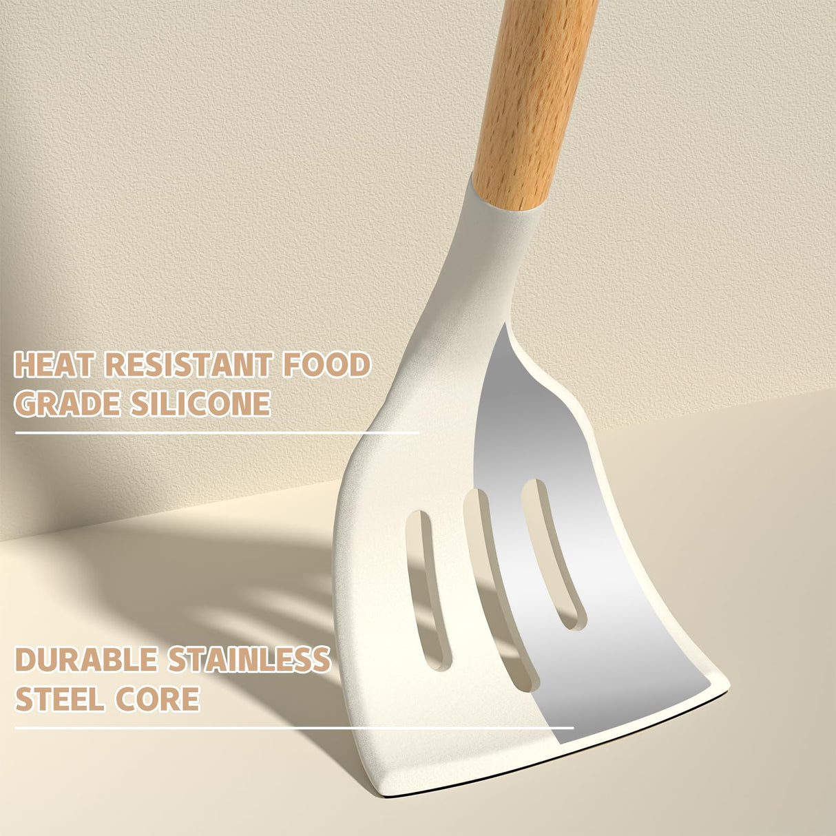 Umite Chef Kitchen Cooking Utensils Set, 33 pcs Non-stick Silicone Cooking Kitchen Utensils Spatula Set with Holder, Wooden Handle Silicone Kitchen Gadgets Utensil Set (Cream White) Umite Chef