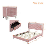 Flieks 3-Piece Pink Bedroom Set with Queen Upholstered Platform Bed and LED Lights, Including 2 Nightstands Flieks