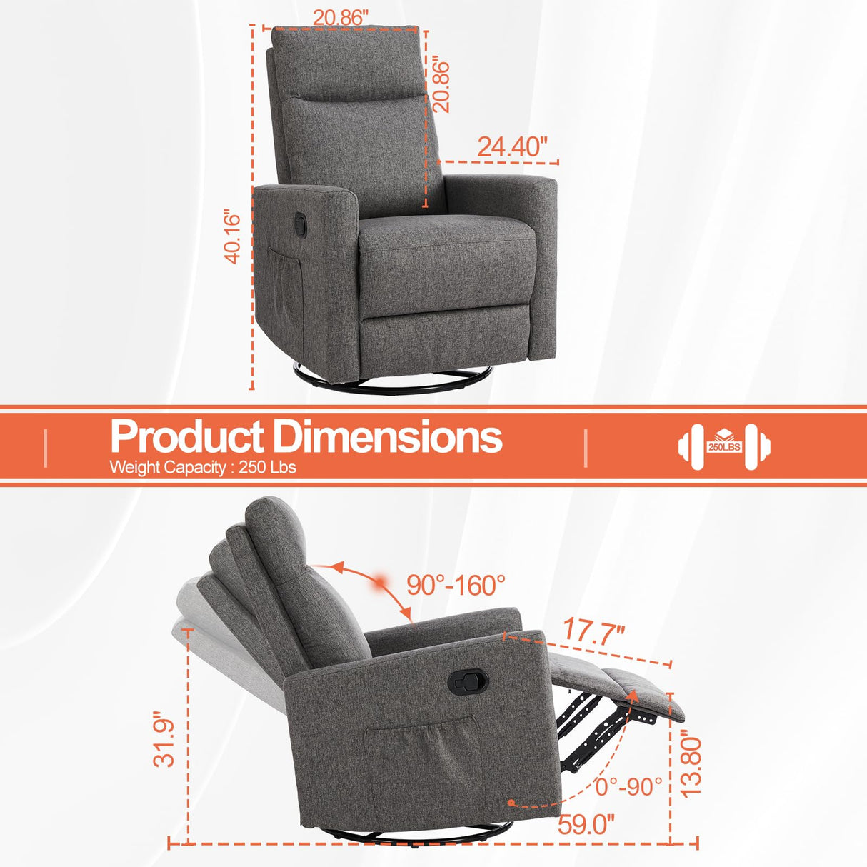 Sweetcrispy Recliner Chair, 360 Swivel Rocker Chair for Adults, Glider Rocker Recliners, Nursery Chairs for Living Room, High Back, Upholstered Deep Seat, Grey Sweetcrispy