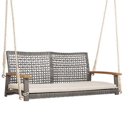 RELAX4LIFE 2-Seater Outdoor Porch Swing - Patio PE Rattan Hanging Swing Bench with Seat Cushion and Strong Hanging Ropes, Wicker Swing Loveseat Bench for Porch, Backyard, Garden, 800 lbs (Off White)