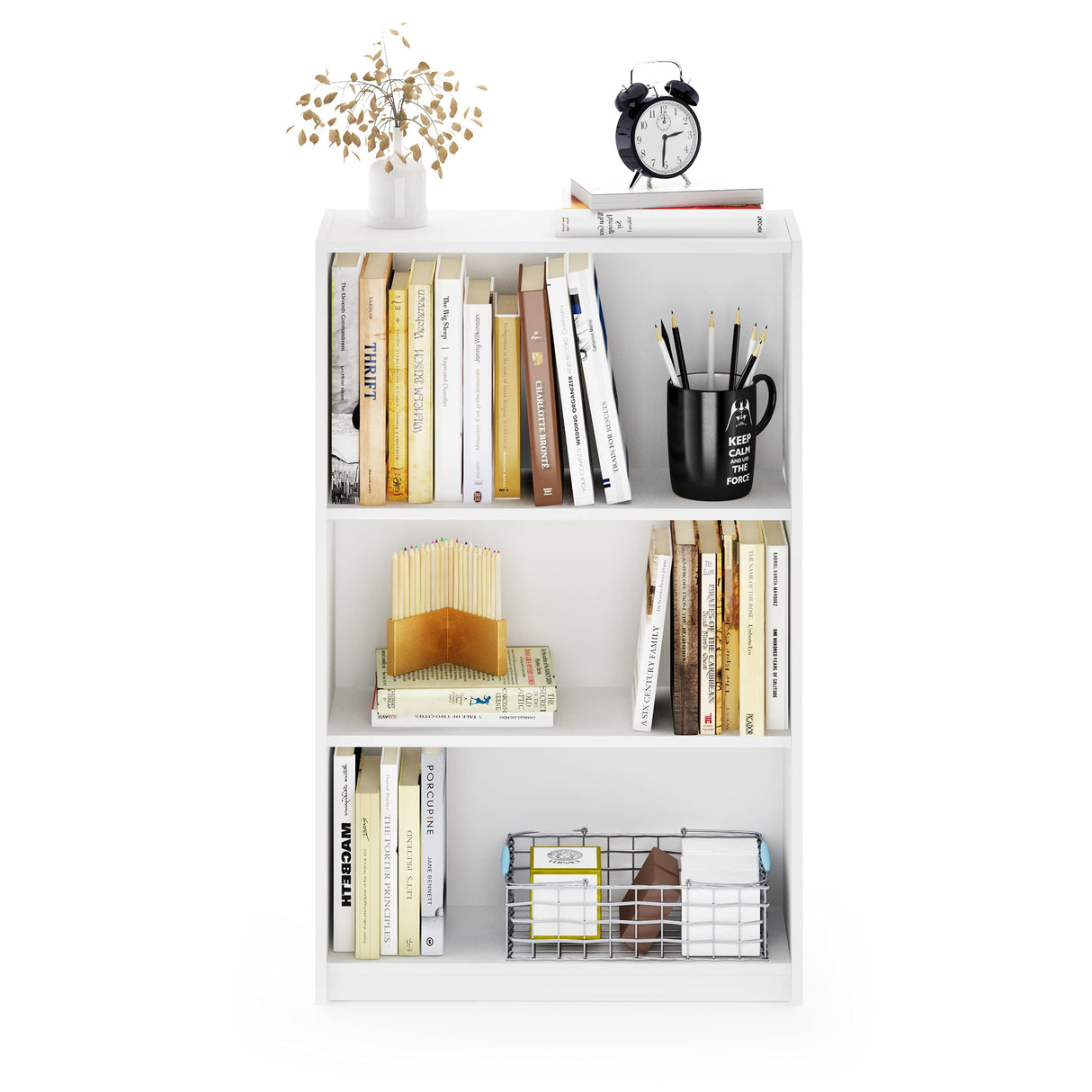 Furinno JAYA Book Shelf, 3-Tier Bookshelf, Bookcase with Adjustable Shelves, 9.5" x 24.5" x 40.3", for Living Room, Bedroom, Home Office, White Furinno