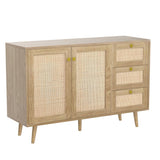 Anmytek Rattan Sideboard Buffet Cabinet with 2 Doors and 3 Drawers, Buffet Cabinet with Storage Wood Credenza Storage Cabinet for Living Room Dining Room Hallway Kitchen, Natural Oak H0088 Anmytek