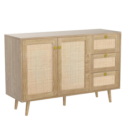 Anmytek Rattan Sideboard Buffet Cabinet with 2 Doors and 3 Drawers, Buffet Cabinet with Storage Wood Credenza Storage Cabinet for Living Room Dining Room Hallway Kitchen, Natural Oak H0088 - WoodArtSupply