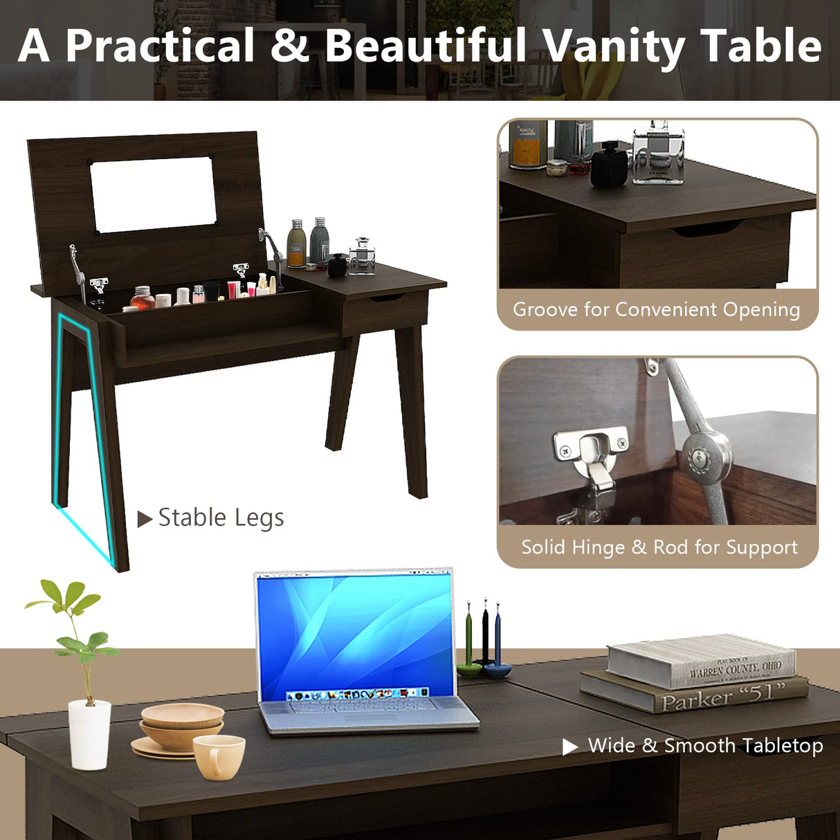 CHARMAID Large Vanity Table with Flip Top Mirror, 48'' Home Office Computer Desk Open Storage Cubby and Drawer, Modern Wood Writing Makeup Dressing CHARMAID