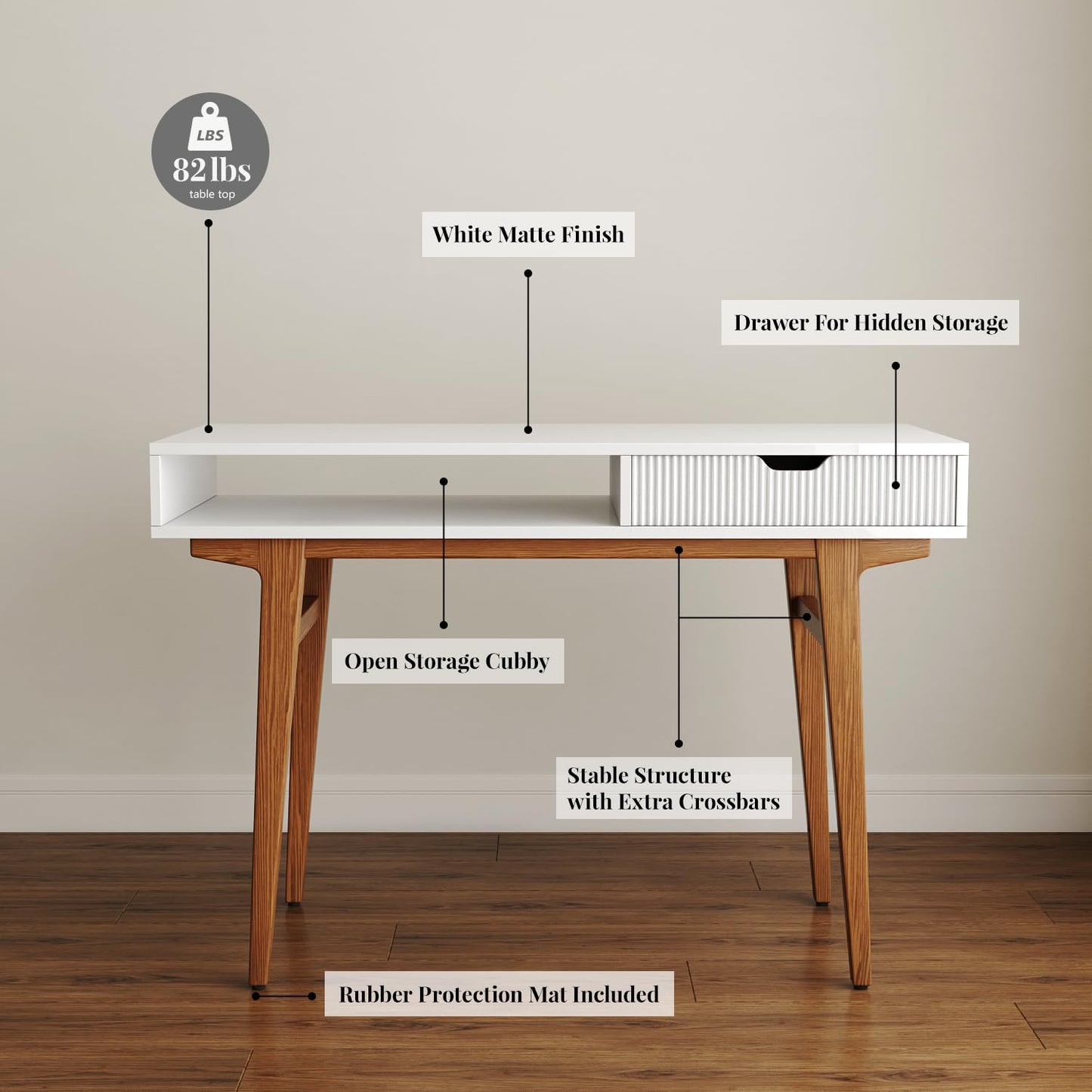 Longcoam Design White Computer Desk with Drawers - 45 inch Minimalist Small Solid Wood Mid-Century Modern Office Desk for Home - Boho Style Writing Table with Open Storage,Light Wooden Desk W - WoodArtSupply