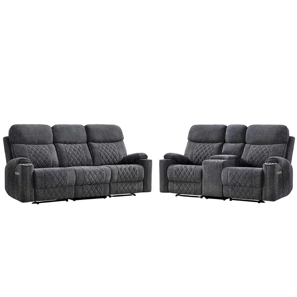 HAOMARKETS 2-Piece Power Recliner Sofa Set with Charging Port, Include 2-Seater Loveseat Reclining Couch with Hidden Storage and Cup Holders and 3-Seater Recliner Couch for Living Room, Dark Grey HAOMARKETS